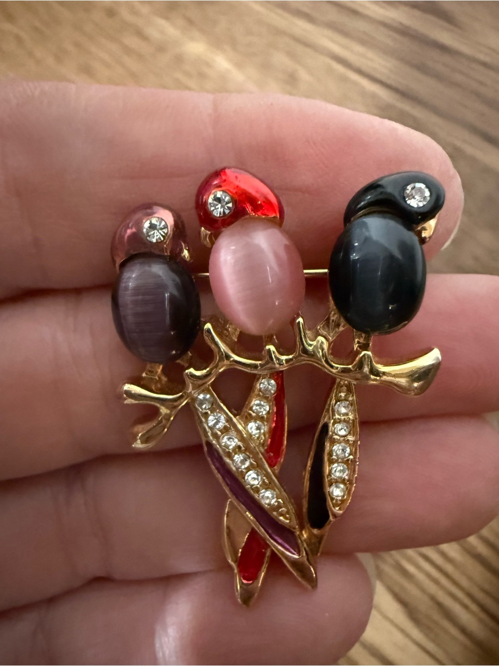 Gold-Tone Three Bird Brooch with Pink, Red, and Black Cabochons